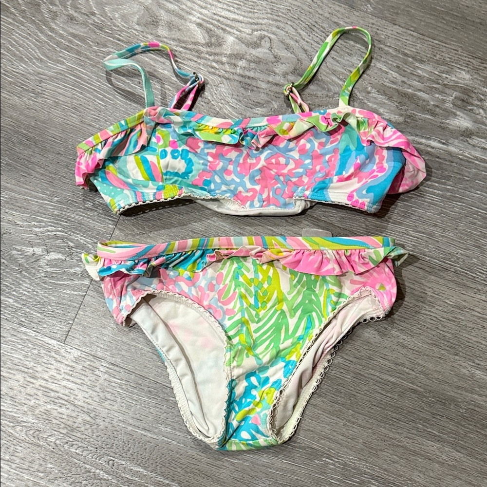 Lilly Pulitzer Mora Girla Pink and Green Kids Bikini top and bottom, Size 6